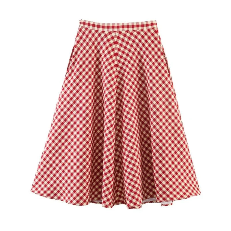 Red gingham A-line midi skirt